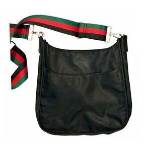 Ah-Dorned Black Nylon Crossbody Bag Black Red Green Stripe Guitar Strap